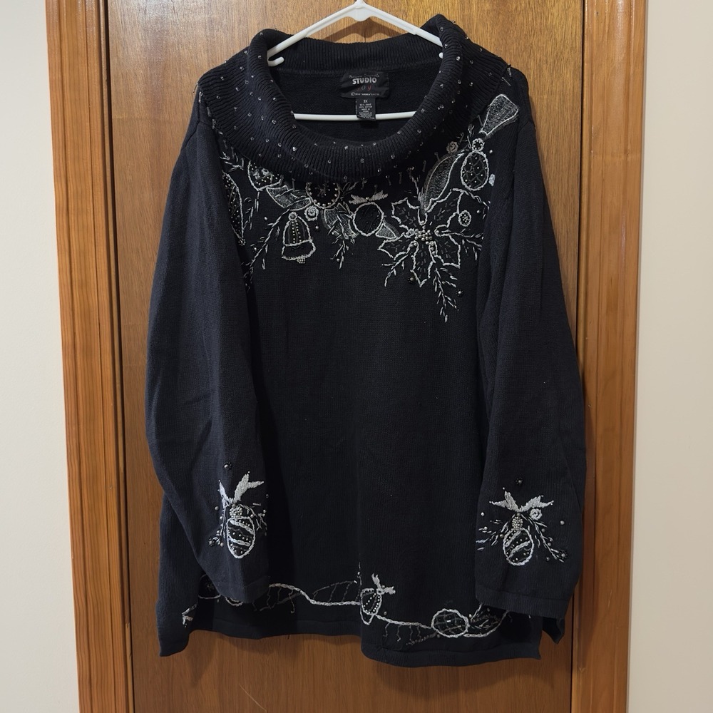 Studio Joy Womens Black Sweater Pullover‎ Beaded Christmas Y2K Size 3X Cowl Neck